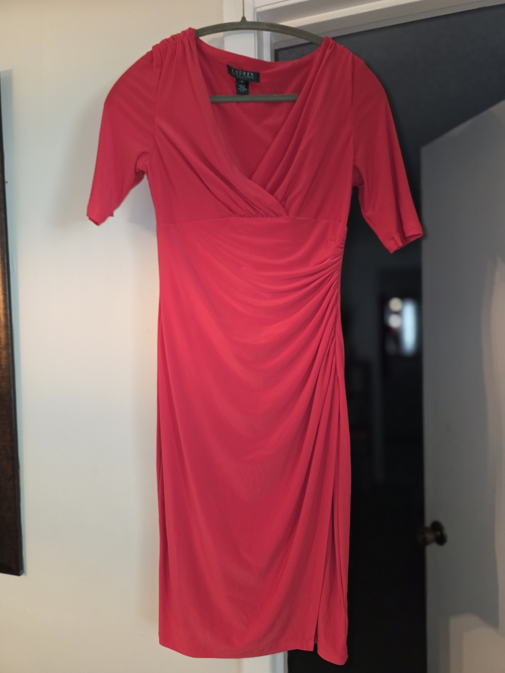 Ralph Lauren Red V-Neck Draped Midi Dress